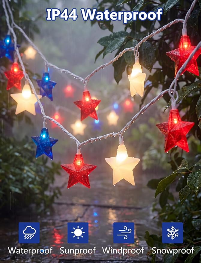 8.5Ft 10LED Red White and Blue Star String Lights, 4th of July Decorations Lights for Outdoor, Connectable LED Patriotic Lights Waterproof for Backyard Patio Flag Day Memorial Day Independence Day