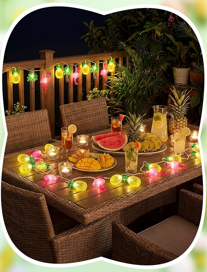 8.5FT Hawaiian Tropical String Lights 10LED Plug in Fairy Lights – Flamingo Pineapple Palm Tree, Waterproof Connectable Outdoor Lights for Luau Party Beach Pool Patio Indoor Summer Decor, UL Listed