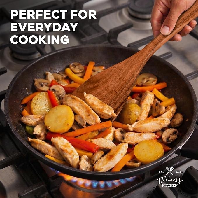 Zulay Kitchen Extra-Large 5-Piece Wooden Spoon Set - Smooth Teak Cooking Utensils - Comfort-Grip Non-Stick Turner, Spatula, Skimmer, Fork, Serving Spoon
