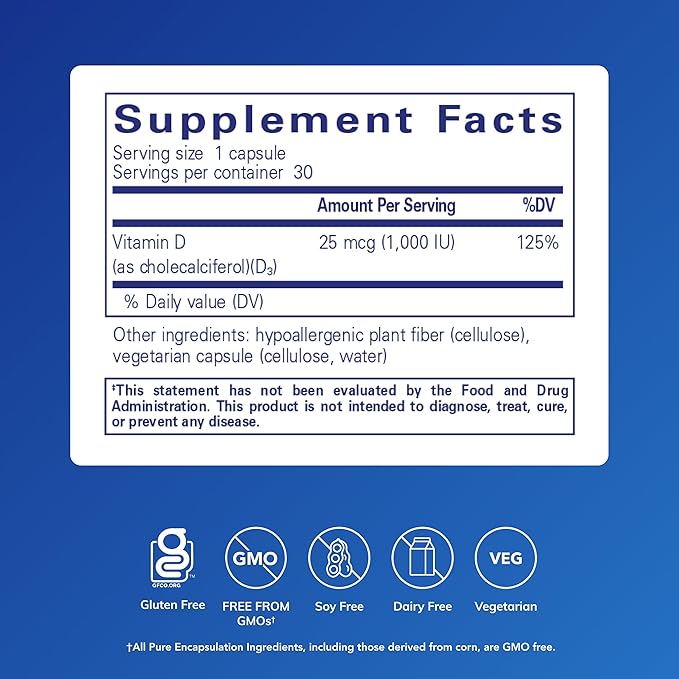 Pure Encapsulations Vitamine D3 25 mcg (1 000 UI) - Complément pour soutenir la santé des os, des articulations, des seins, du cœur, du côlon et du système immunitaire - avec Vitamine D de qualité supérieure - 30 gélules