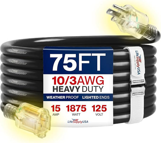 75ft Outdoor/Indoor Extension Cord 10/3 Gauge Ultra Heavy Duty 3 Prong SJTW, Waterproof, Flexible Cold-Resistant Long Power Cord,15A 125V 1875W, Black by LifeSupplyUSA