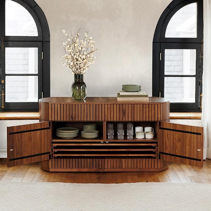 Transformer Table Round Sideboard Buffet Cabinet, Royal Brown | Hidden Drawers, Solid Wood, Integrated Table Panel Storage, Modern Dining Room