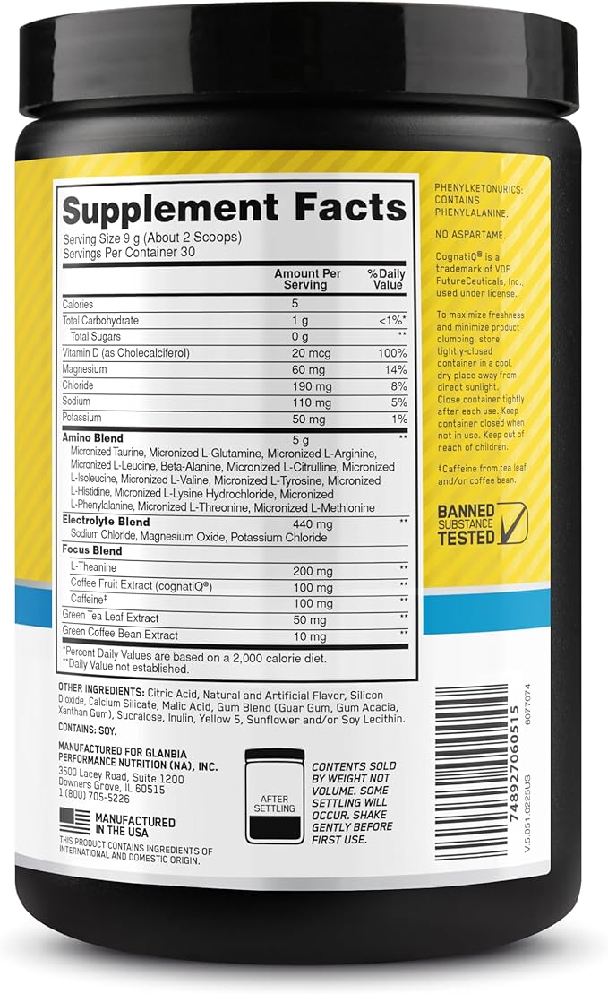Optimum Nutrition Amino Energy Powder Plus Focus, with BCAA, Electrolytes, and Caffeine, Pineapple Twist, 30 Servings (Packaging May Vary)