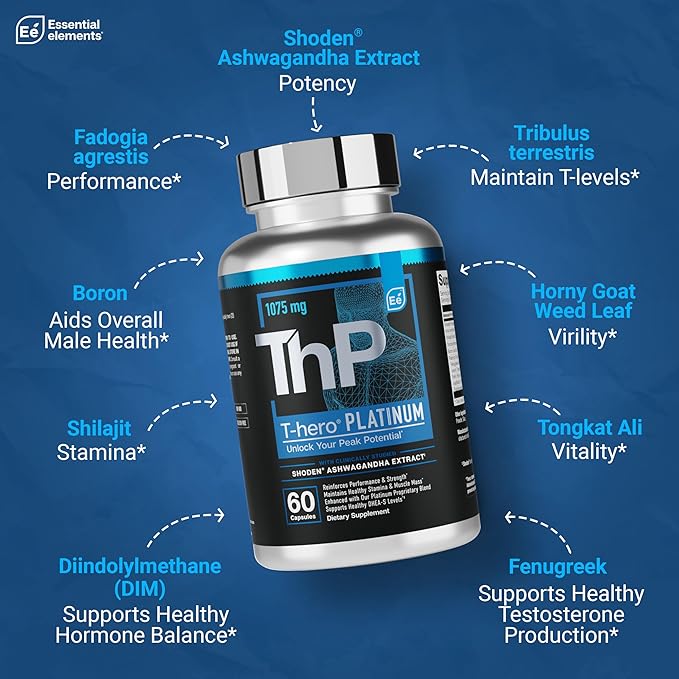 Essential Elements T-Hero Platinum - Daily Testosterone Support for Men - Promotes Vitality & Drive - Testosterone Supplement with Shoden Ashwagandha, Shilajit, Boron, DIM - 60 Count - 30 Servings