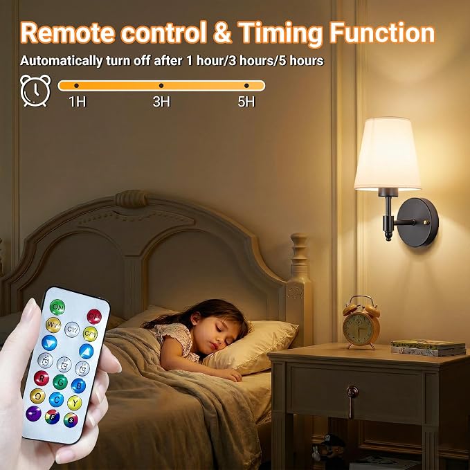 Battery Operated Wall Sconces Set Of Two, Wireless Battery Wall Light With 10000mAh RGB Rechargeable Magnetic Bulb, Rechargeable Wall Sconce With Remote Control For Bedroom, No Electrician Required