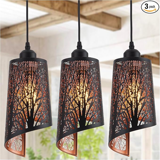 Industrial Black Pendant Light Fixture Vintage Mini Black Pendant Lighting with Gold Finish Rustic Hollow-Carved Small Pendant Light for Kitchen Island, Dining Room, Bedroom, 3 Pack