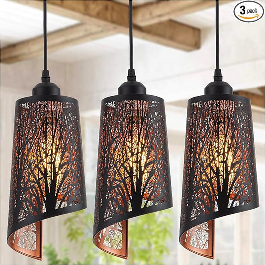 Industrial Black Pendant Light Fixture Vintage Mini Black Pendant Lighting with Gold Finish Rustic Hollow-Carved Small Pendant Light for Kitchen Island, Dining Room, Bedroom, 3 Pack
