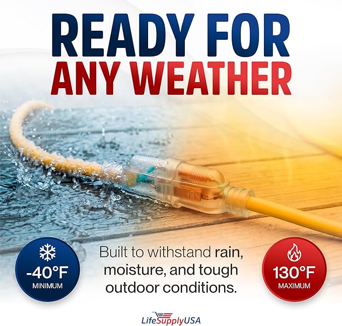 75ft Outdoor/Indoor Extension Cord 12/3 Gauge Extra Heavy Duty 3 Prong SJTW, Waterproof, Flexible Cold-Resistant Long Power Cord,15A 125V 1875W, Yellow by LifeSupplyUSA