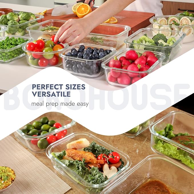 10-Pack Glass Food Storage Containers with Tempered Glass Lids – Borosilicate, Airtight, Oven-Safe (-4°F~950°F), BPA-Free, 4.4 & 1.6 Cup, Leak-Proof, Dishwasher Safe (Blue)