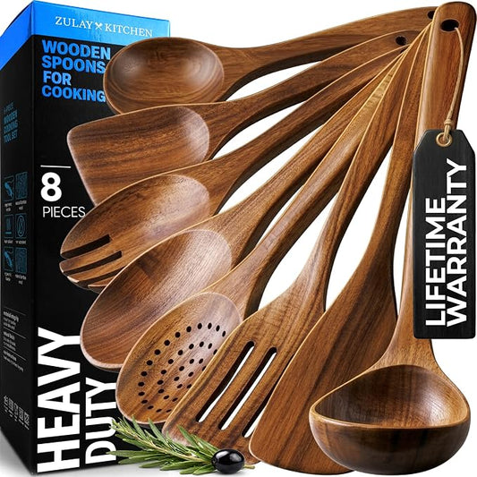 Zulay Kitchen Premium 8-Piece Wooden Spoons - Smooth Finish, Natural Teak Wood, Non-Stick, Handmade