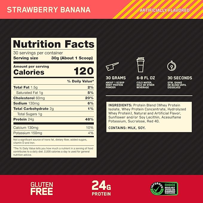 Optimum Nutrition Gold Standard 100% Whey Protein Powder, Strawberry Banana, 2 Pound (Packaging May Vary)