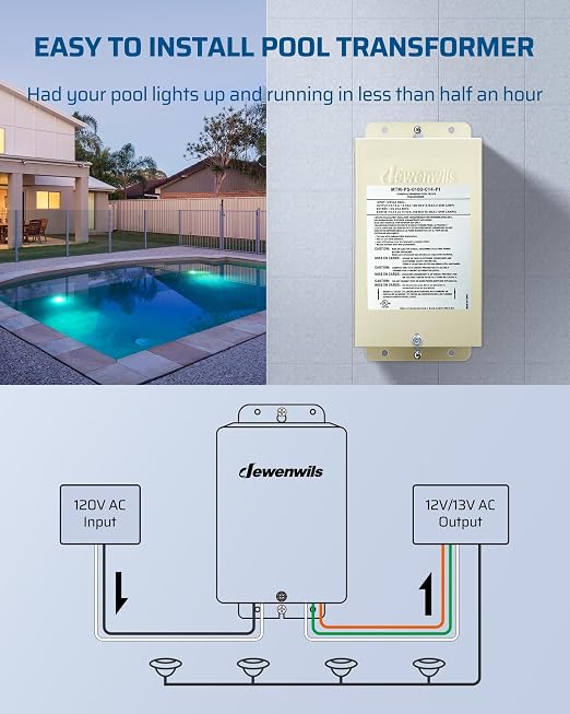 DEWENWILS 100W Pool Light Transformer, 120V AC to 12V/13V/14V AC, Multi-tap Low Voltage Transformer for Swimming Pool Lighting, Spa, Landscape & Fountain Lights, Outdoor Lighting Products, UL Listed…