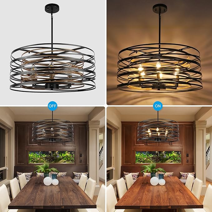 ACNKTZ 23.6'' Rustic Large Drum Chandeliers for Dining Room, 6-Light Modern Farmhouse Lighting for Kitchen Island, Retro Round Entryway Light Fixture, Black with Retro Wood Texture Interior