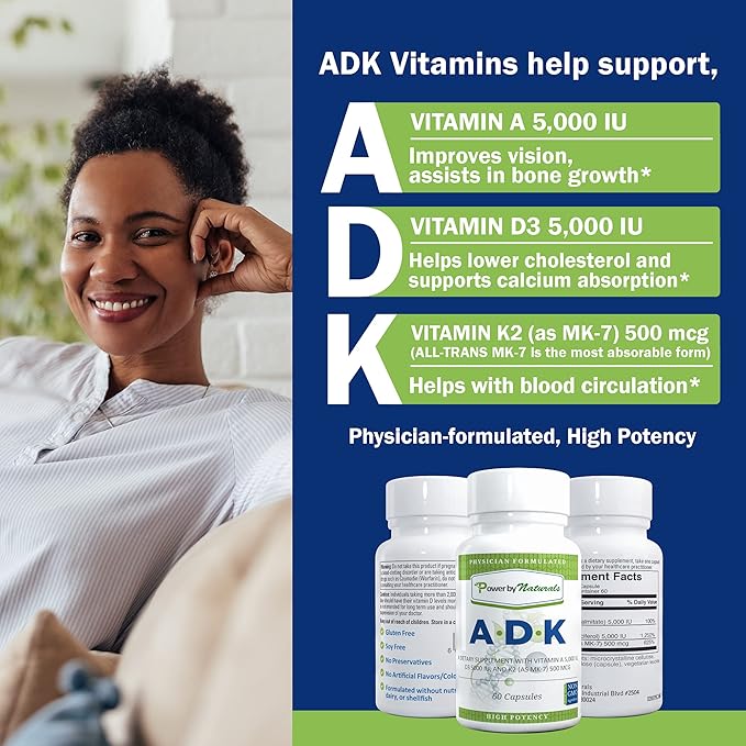 Power By Naturals Complément de Vitamines ADK – Mélange Hautement Dosé de Vitamines A, D3 5000 UI et K2 MK7 pour la Santé Osseuse – Complément de Vitamines A D K – 60 Gélules (2 Mois d'Approvisionnement)