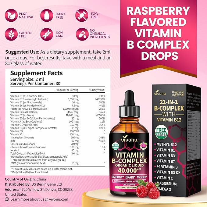 VivoNu Vitamin B Complex Liquid Drops, Methylated Vitamin B12 6000 mcg, B1, B6, B3, B5, B2, Folate, Biotin with Vitamin C D A E, Magnesium, Zinc, CoQ10 for Energy (4 Bottle)
