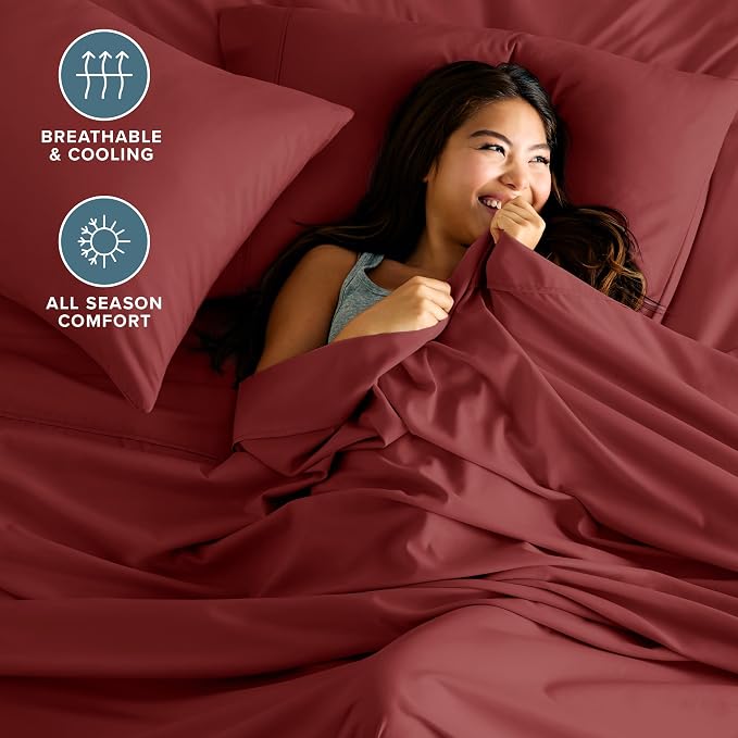 Bare Home Split Head Flex King Sheet Set - 1800 Ultra-Soft Microfiber Bed Sheets - Double Brushed - Deep Pockets - Easy Fit - 4 Piece Set - Bedding Sheets & Pillowcases (Rosewood)