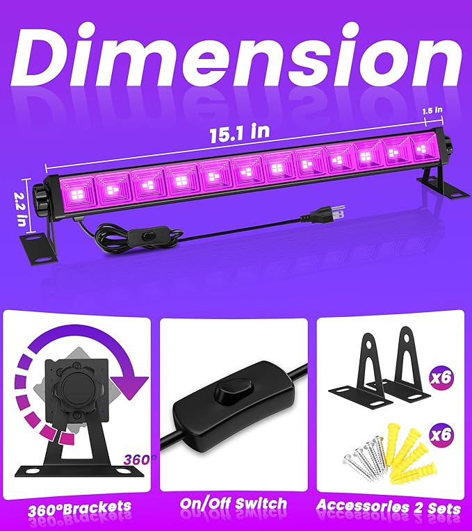42W 6 Pack LED Black Light Bar, Blacklight Light Up to Lagre Area with 6ft Cable+Switch+Plug, Glow Party Light Supply for Halloween, Fluorescent Poster, Body Paint, Birthday,Classroom, Bedroom
