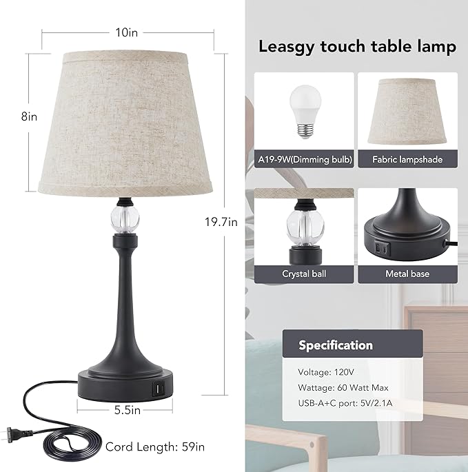 19.7'' Touch Table Lamps for Living Room, Small Lamp for Bedroom with USB C+A Ports, Dimmable Touch Lamps Set of 2, Reading Desk Lamp for Office, Metal Bedside Lamps, Bulbs Included, Black