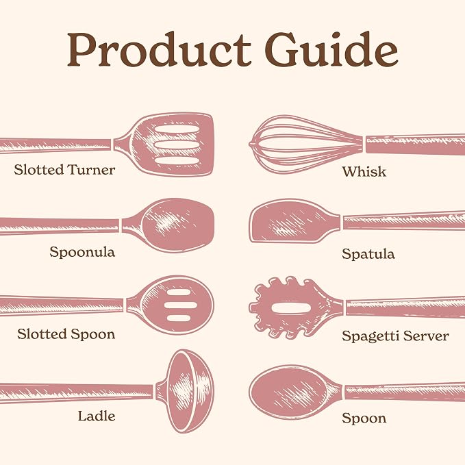 Country Kitchen Non Stick Silicone Utensil Set with Rounded Wood Handles for Cooking and Baking, 8 Piece Set, Pink