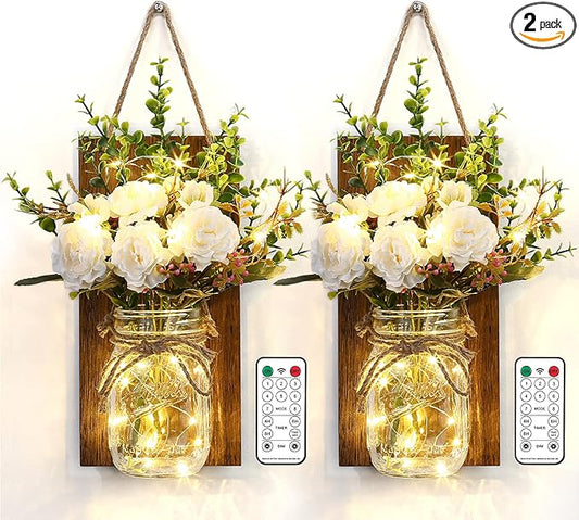 Lightess Wall Decor Mason Jar Sconces with Remote Control, Rustic Home Decor LED Fairy Lights with White Rose, Farmhouse Wall Decorations Lights Set of Two for Dining Room Living Room