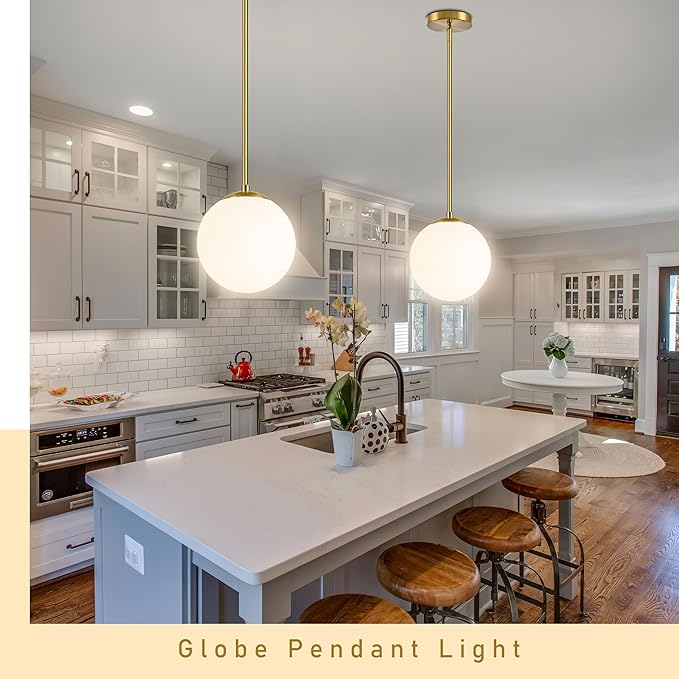 Bagood 10" Globe Pendant Light Gold 2 Pack Mid Century Pendant Light Globe Pendant Lights Kitchen Island Brushed Brass Finished with Milk Glass Adjustable Ceiling Light Fixtures for Dining Room Bar