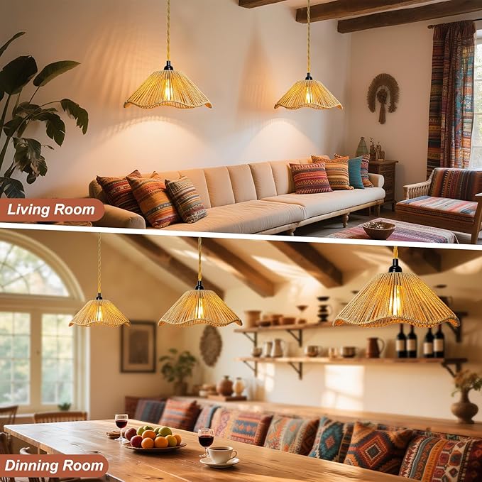 Hanging Lights with Plug in Cord Rattan Hanging Lamp Boho Ceiling Light Fixtures Farmhouse Pendant Lamp Shape for Living Room Bedroom Kitchen