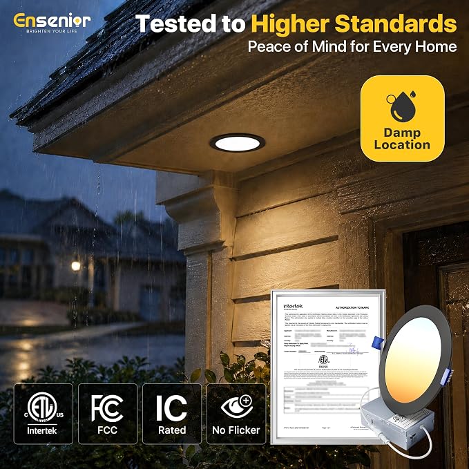Ensenior 4 Pack 6 Inch LED Recessed Light, Dimmable, 2700K-5000K 5CCT, 1200LM High Brightness, 12W 120V, Damp Rated, Ultra-Thin Canless Wafer Light, Black - ETL & FCC & IC
