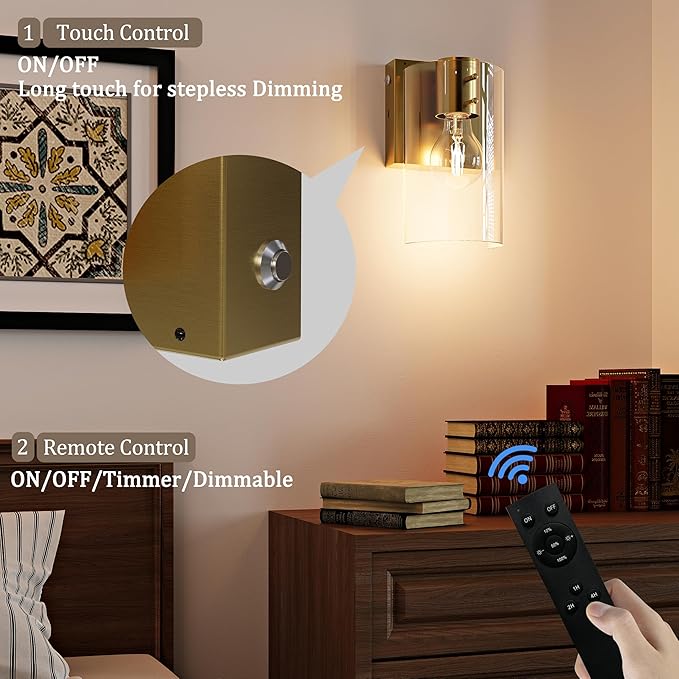 Morauroral Gold Battery Operated Wall Sconces Set of Two, Rechargeable Wall Sconce with Dimmable Remote, Indoor Wall Lights Warm Light for Living Room Bedroom with Glass Shade (Bulbs Included)