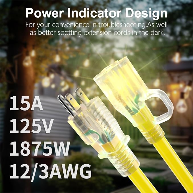 HUANCHAIN 150 ft 12/3 Gauge Outdoor Extension Cord Waterproof Heavy Duty with Lighted end, Flexible Cold-Resistant 3 Prong Electric Cord Outside, 15Amp 1875W 12AWG SJTW, Yellow, ETL