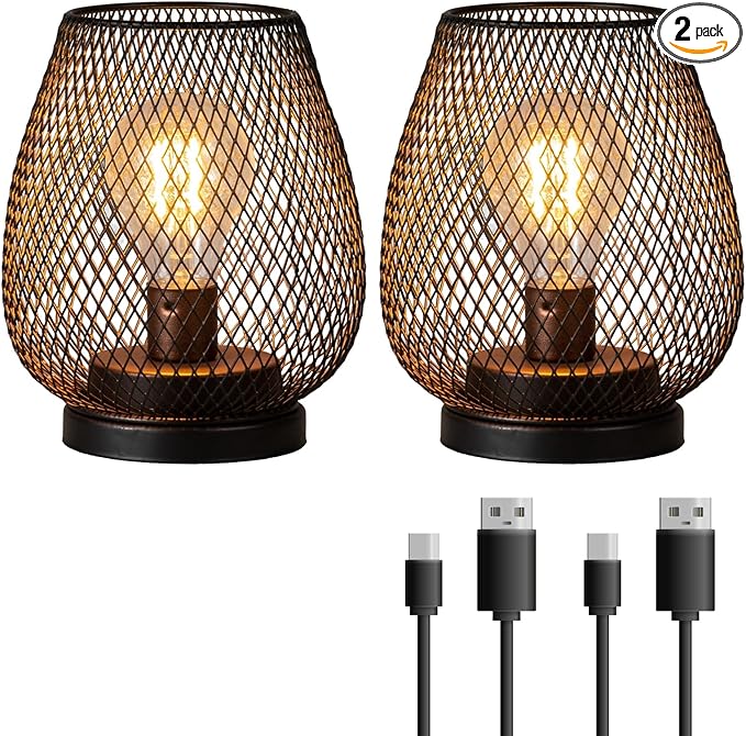 Set of 2 Rechargeable Lamp LED Table Lantern, Brown Metal Cage Cordless Lamps with LED Bulb，Vintage Decorative Outdoor Lantern for Weddings, Parties, Patio, Events for Indoors Shelf Decor