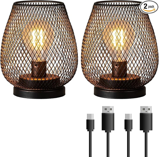 Set of 2 Rechargeable Lamp LED Table Lantern, Brown Metal Cage Cordless Lamps with LED Bulb，Vintage Decorative Outdoor Lantern for Weddings, Parties, Patio, Events for Indoors Shelf Decor