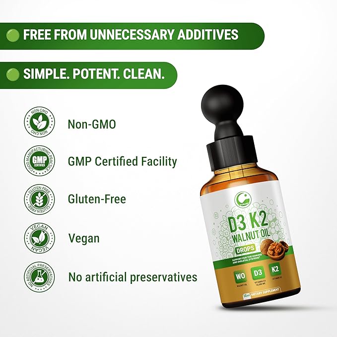 Liquid Vitamin D3 K2 Drops 10000 IU with Walnut Oil – High Potency Liquid Vitamin D3 with Vitamin K2 (MK7) 200 mcg | D3 K2 Supplement for Men & Women | Bones, Muscles & Immune Support | Non-GMO