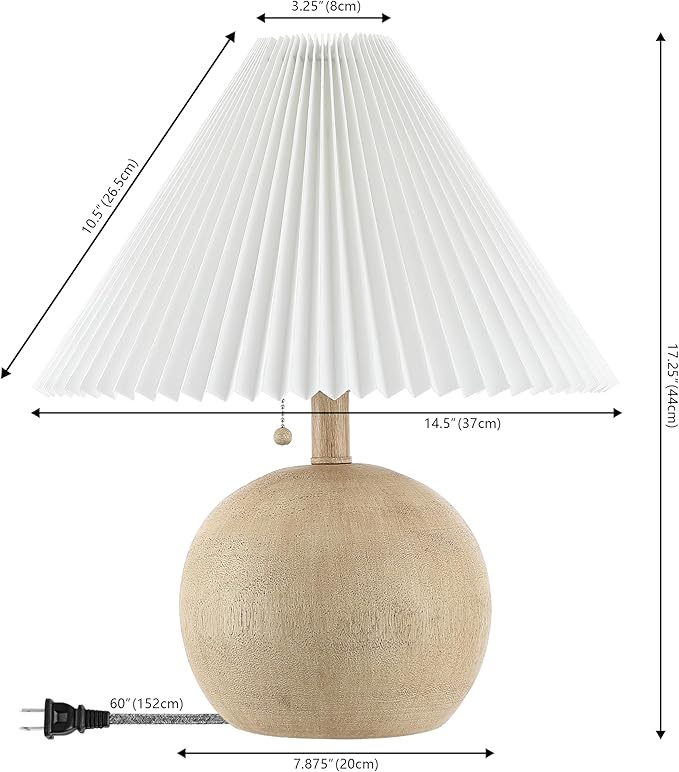 JONATHAN Y 17.25" Beige Wood Finish/White Sphere Table Lamp, Mid-Century Bedside Nightstand with Beige Pleated Linen Shade, Scandinavian Coastal Style, LED Bulb Included (JYL1145B)