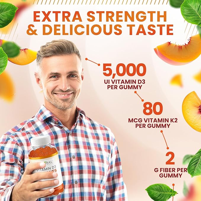 Gummies de vitamine D3 10000 UI et vitamine K2 - Extra fortes, sans sucre, haute absorption - Soutien des os, des articulations, de l'immunité, du cœur, du cerveau et de l'humeur - Sans OGM, sans gluten, à base de fibres avec prébiotiques, 30 gommes