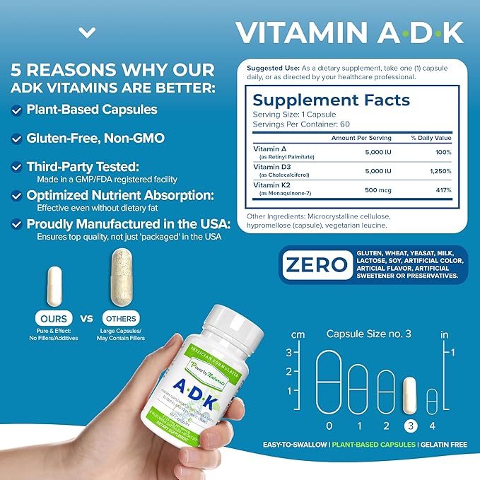Power By Naturals Complément de Vitamines ADK – Mélange Hautement Dosé de Vitamines A, D3 5000 UI et K2 MK7 pour la Santé Osseuse – Complément de Vitamines A D K – 60 Gélules (2 Mois d'Approvisionnement)