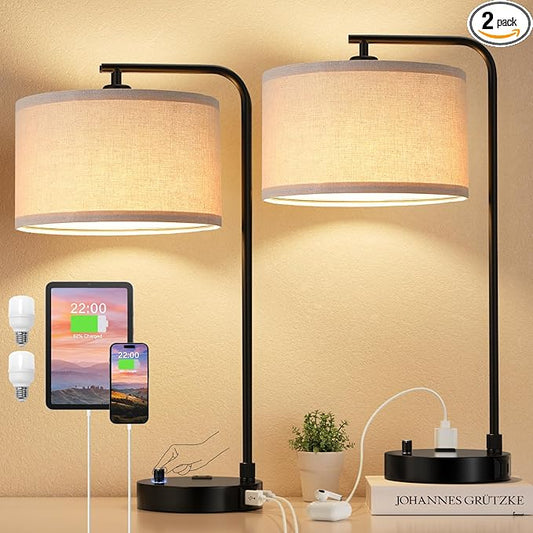 Innqoo Bedside Table Lamps for Bedroom Set of 2-Dimmable Nightstand Lamps with USB Port and Outlet,Modern Black Lamps with Linen Shade,Tall Desk Lamps for Home Office Bedroom Living Room End Table