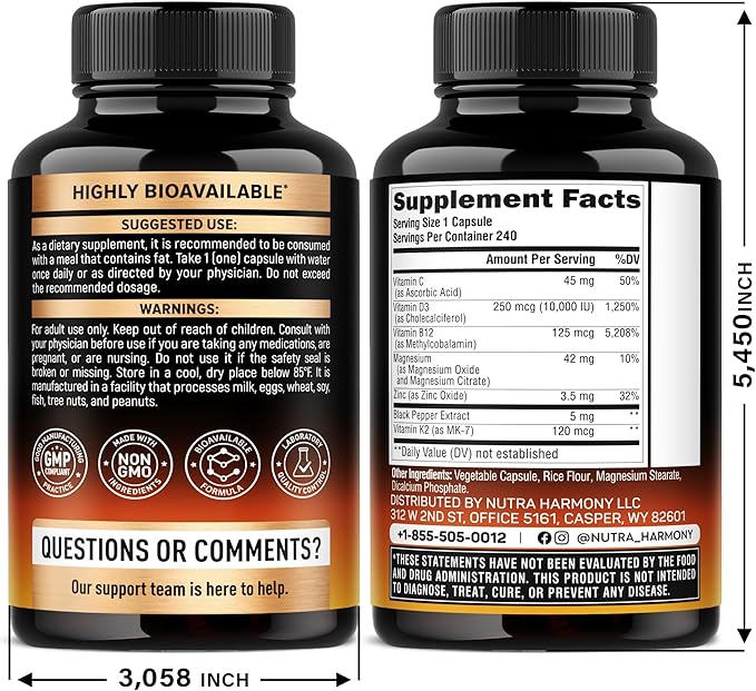 Vitamine D3 K2 - Vitamine D3 10000 UI & K2 sous forme de MK-7 120 mcg - Soutien immunitaire et de l'humeur, pour la santé des os et des dents - avec Magnésium, Zinc et Vitamine C & B12 - Haute biodisponibilité - Fabriqué aux États-Unis, 240 gélules