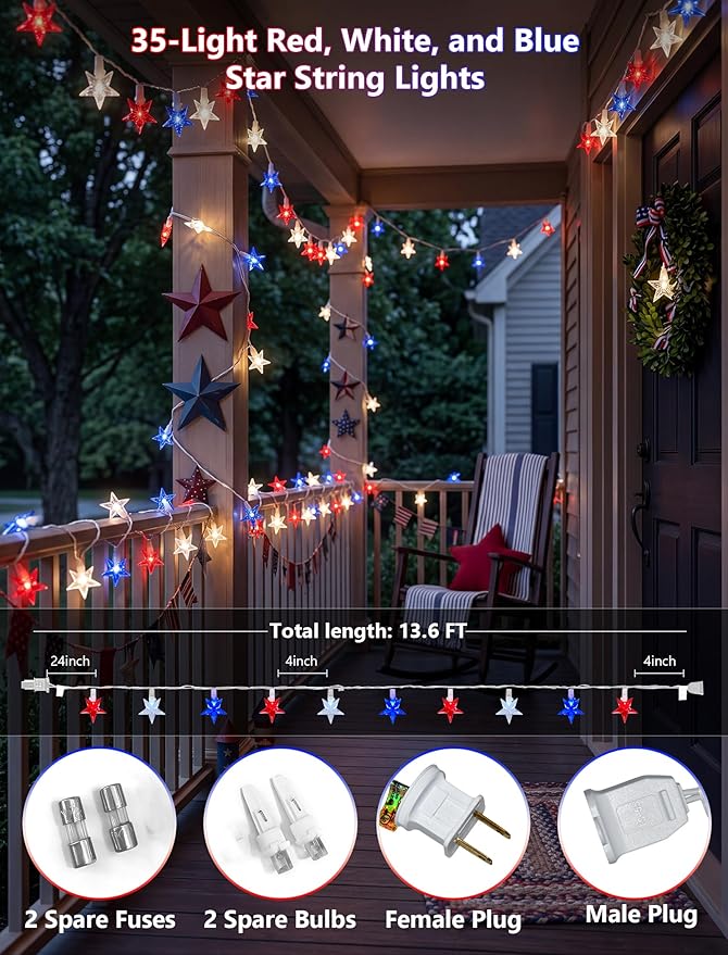 13.6Ft Red White and Blue Star String Lights, 35 LED Patriotic Lights for Flag Day 4th of July Decorations, Waterproof Plug in Fairy Lights for Indoor Outdoor Fence Backyard Patio Independence Day