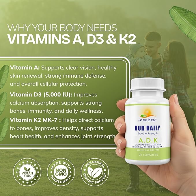 Daily Vites, Complément vitaminique ADK 5000 UI – 180 capsules – Vitamines A, D3 et K2-MK7 haute puissance – Formulé par un médecin pour le soutien des os, du cœur et du système immunitaire – Sans OGM, sans gluten, approvisionnement de 6 mois (lot de 2)