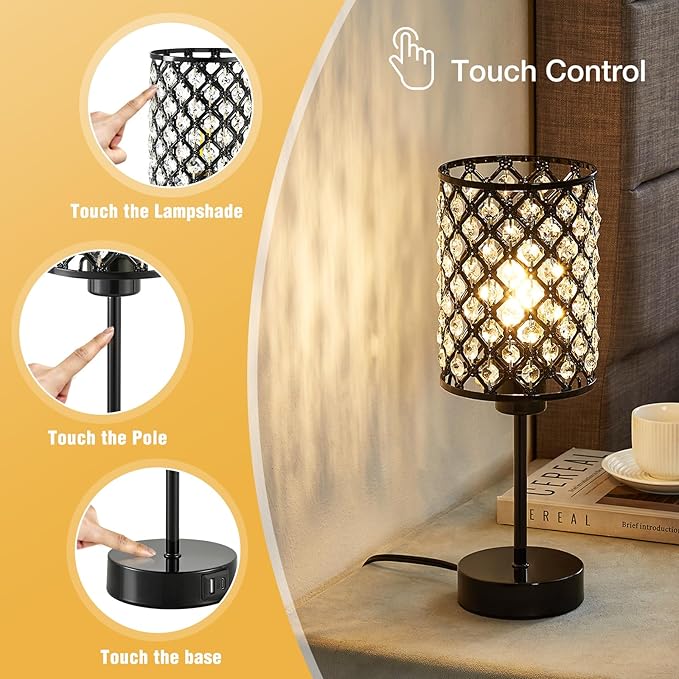 GyroVu Crystal Table Lamp, Black Lamp for Bedroom Nightstand with USB C+A Ports, Dimmable Touch Lamp with Crystal Shade, Bedside Lamp Small Lamp for Bedroom, Living Room, Office (Bulb Included)