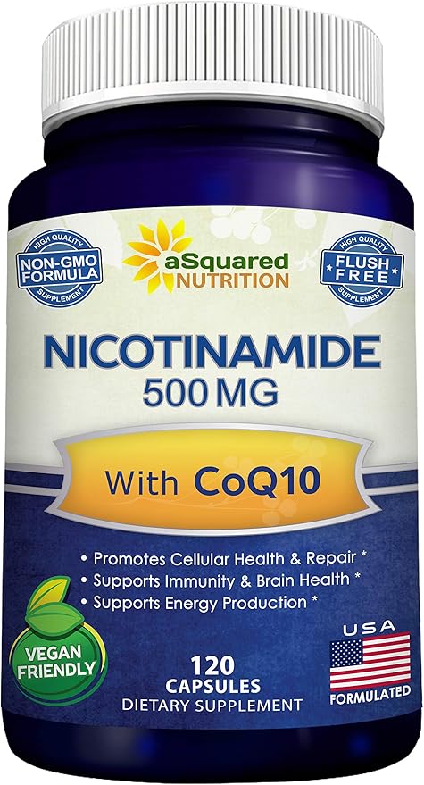 ニコチンアミド CoQ10配合 (120カプセル) - ビタミンB3 500mg (ナイアシンアミド フラッシュフリー) - コエンザイムQ10パウダー - エネルギー、NAD、皮膚細胞の健康をサポートするVIT B-3 & Coq 10 サプリメント錠剤