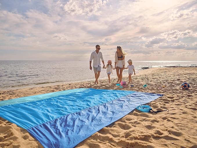 WEKAPO Beach Blanket Sandproof Waterproof, Extra Large Beach Mat, Oversized & Compact Sand Free, Quick Drying Beach Essentials for Vacation, Cruise, Picnic & Camping with Stakes