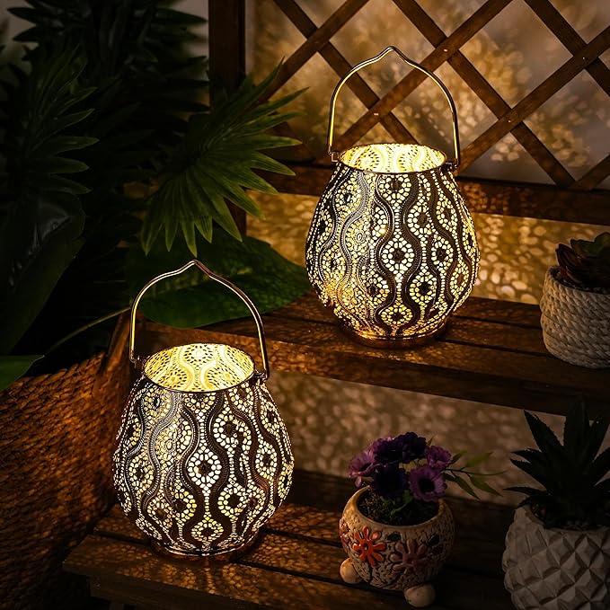TRIROCKS Set of 2 Moroccan Decorative Lamps 8'' High Cordless Lamp Metal Table Lamps with Fairy Lights Bulb for Home Living Room Garden Yard Party Events Tabletop Indoor Outdoor(Gold)
