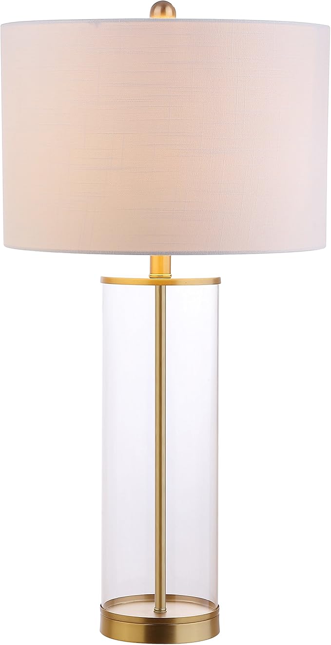 JONATHAN Y 29.25" Clear/Brass Gold Modern Glass Table Lamp for Living Room Bedroom, Minimalist Nightstand Bedside Lamp, White Linen Drum Shade, LED Bulb Included (JYL2005A)
