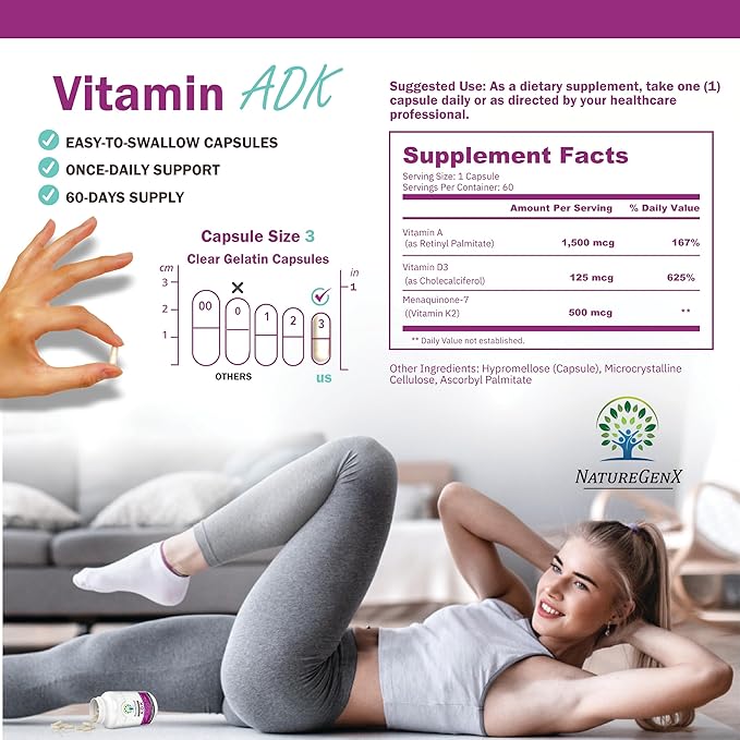 ADK Vitamin Supplement 5000 IU - High Potency Vitamins A, D3, and K2 for Bone Health and Calcium Absorption | Gluten-Free Vitamin ADK Supplement, 60 Day Supply, 60 Capsules