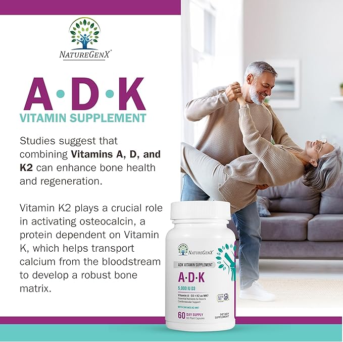 ADK Vitamin Supplement 5000 IU - High Potency Vitamins A, D3, and K2 for Bone Health and Calcium Absorption | Gluten-Free Vitamin ADK Supplement, 60 Day Supply, 60 Capsules