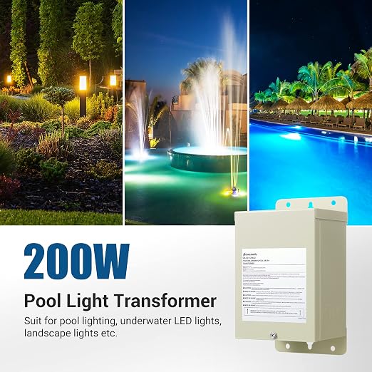 DEWENWILS 200W Low Voltage Landscape Transformer, Pool Light Transformer 120V to 12V/13V/14V AC, Swimming Lighting, Spa & Fountain Lights, Outdoor Use, Waterproof