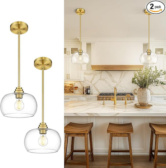 AUTELO 2 Pack Gold Pendant Lights, Glass Pendant Lights Kitchen Island with Clear Drum Glass, Industrial Pendant Ceiling Lights with Adjustable Rods for Kitchen Dining Room Bar, H9385 BG-R-2PK