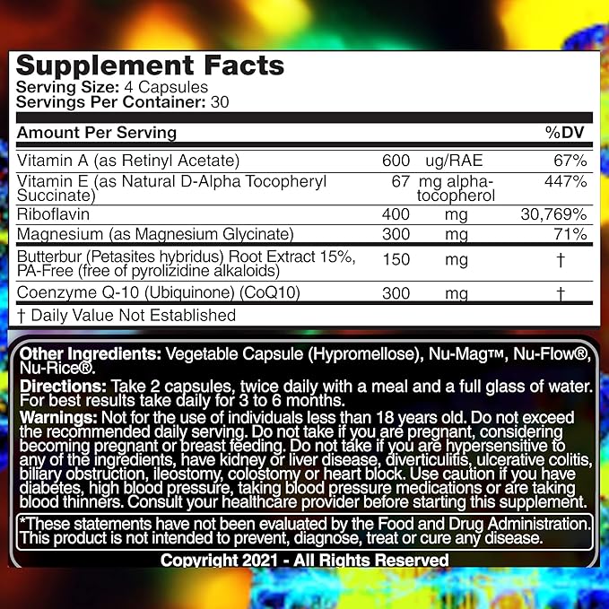 偏頭痛緩和、PAフリーフキタンポポ（150mg）、コエンザイムQ10（300mg）、マグネシウムグリシン酸（300mg）、高用量リボフラビン（400mg）配合クアッドフォーミュラ - MigrA Zero (120カプセル) 偏頭痛に悩む方に最適な用量