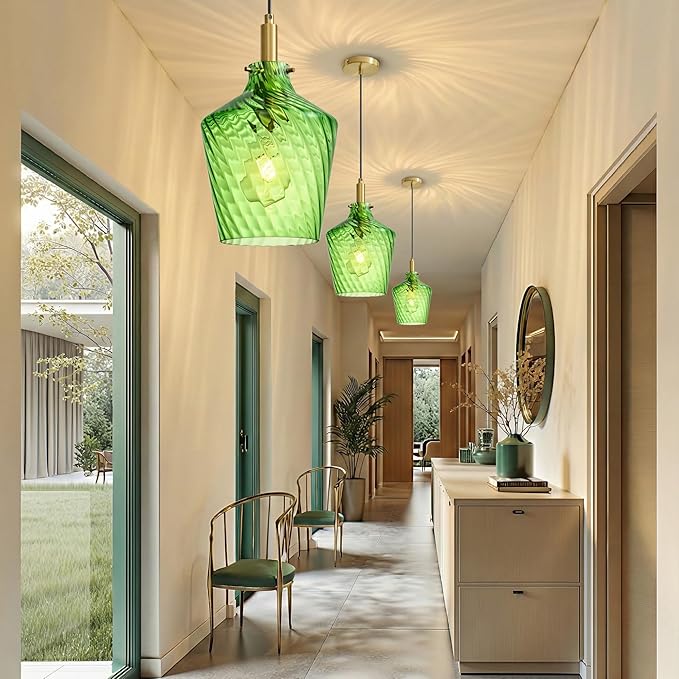 Modern Stripes Green Glass Pendant Lighting for Kitchen Island 1 Pack, Farmhouse Gold Pendant Light Fixtures, Height Adjustable Ceiling Pendant Light, 8 Inch